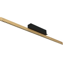 Lineare LED-Deckenleuchte in Holzoptik mit schwarzem Gehäuse und sichtbaren Leuchtmitteln.