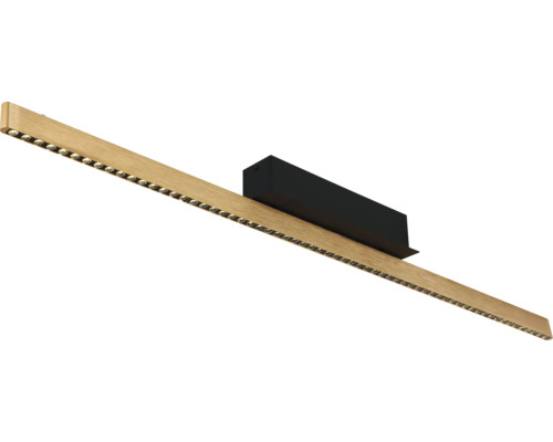 Lineare LED-Deckenleuchte in Holzoptik mit schwarzem Gehäuse und sichtbaren Leuchtmitteln.