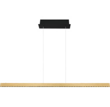 Moderne LED-Pendelleuchte in Holzoptik mit länglichem Korpus, zwei Seilaufhängungen und schwarzem Deckenbaldachin.