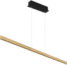 LED-Pendelleuchte mit einem Balken in Holzoptik und einer schwarzen rechteckigen Deckenhalterung.