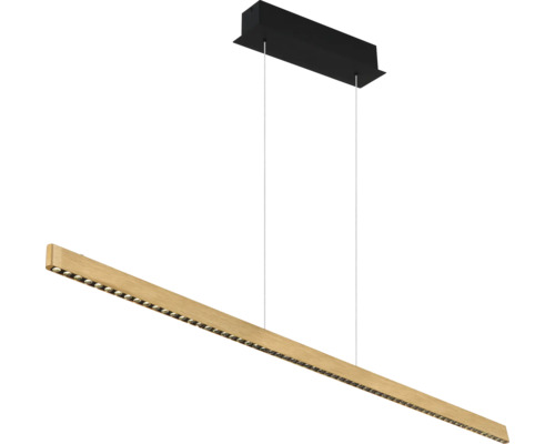LED-Pendelleuchte mit einem Balken in Holzoptik und einer schwarzen rechteckigen Deckenhalterung.