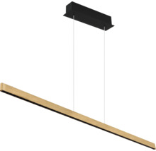 Lineare LED-Pendelleuchte in Holzoptik mit schwarzem Baldachin und zwei Seilaufhängungen.
