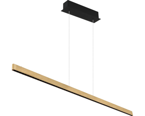 Lineare LED-Pendelleuchte in Holzoptik mit schwarzem Baldachin und zwei Seilaufhängungen.