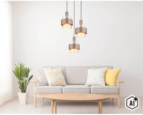 Moderne Pendelleuchte mit drei Leuchtmitteln über einem Sofa in einem hellen Wohnzimmer mit Couchtisch und Pflanze. (Image AI modified or generated)
