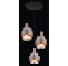 Dreiflammige Pendelleuchte mit zylindrischen Schirmen aus Glas und Metall