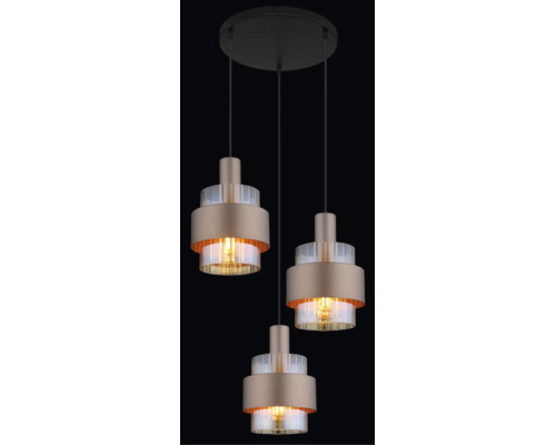 Dreiflammige Pendelleuchte mit zylindrischen Schirmen aus Glas und Metall