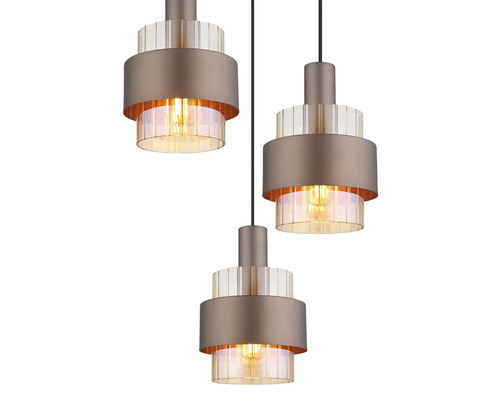 Dreiflammige Pendelleuchte mit Metall und geriffeltem Glas
