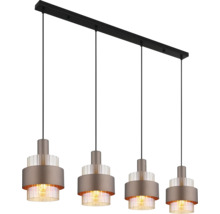 Vierflammige Pendelleuchte mit Metallschirmen und Glaselementen für eine moderne Esszimmerbeleuchtung