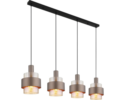 Vierflammige Pendelleuchte mit Metallschirmen und Glaselementen für eine moderne Esszimmerbeleuchtung