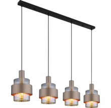Moderne vierflammige Pendelleuchte mit Metall und Glaselementen an einer rechteckigen Deckenleiste