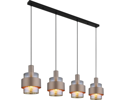 Moderne vierflammige Pendelleuchte mit Metall und Glaselementen an einer rechteckigen Deckenleiste