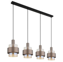 Moderne vierflammige Pendelleuchte mit Metallschirmen und Glaselementen an einer schmalen Deckenhalterung