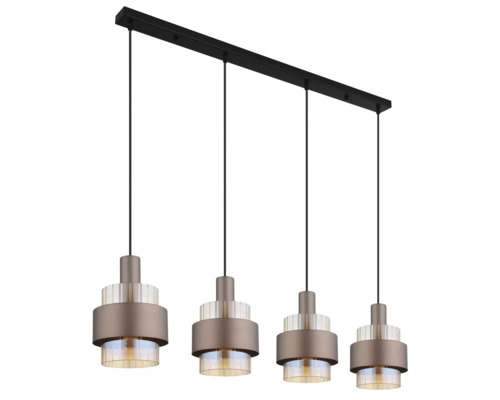 Moderne vierflammige Pendelleuchte mit Metallschirmen und Glaselementen an einer schmalen Deckenhalterung