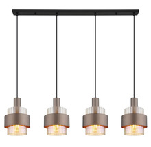 Vierflammige Pendelleuchte mit zylindrischen Leuchtenschirmen aus Glas und Metall zur modernen Innenbeleuchtung