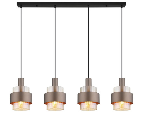 Vierflammige Pendelleuchte mit zylindrischen Leuchtenschirmen aus Glas und Metall zur modernen Innenbeleuchtung