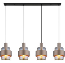 Moderne vierflammige Pendelleuchte mit zylindrischen Glaselementen und Metalleinfassung an einer rechteckigen Deckenleiste.