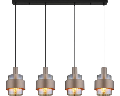 Moderne vierflammige Pendelleuchte mit zylindrischen Glaselementen und Metalleinfassung an einer rechteckigen Deckenleiste.