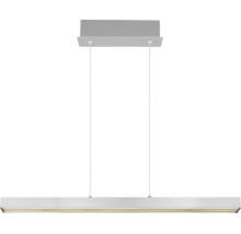 Moderne LED-Hängeleuchte mit linearem Lichtbalken aus Metall und rechteckigem Deckenbaldachin.