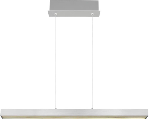 Moderne LED-Hängeleuchte mit linearem Lichtbalken aus Metall und rechteckigem Deckenbaldachin.