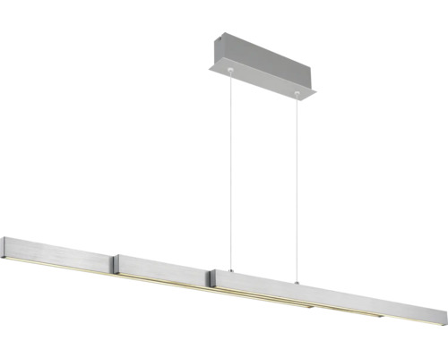 Moderne, längliche LED-Pendelleuchte aus Metall mit drei Segmenten und rechteckiger Deckenhalterung.