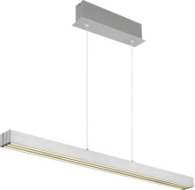 Moderne Pendelleuchte in Balkenform aus silberfarbenem Aluminium mit rechteckiger Deckenbefestigung.