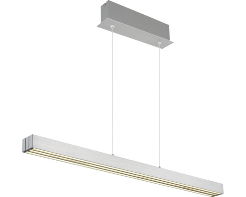 Moderne Pendelleuchte in Balkenform aus silberfarbenem Aluminium mit rechteckiger Deckenbefestigung.