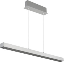 Moderne lineare LED-Pendelleuchte aus Metall mit rechteckigem Deckenbaldachin und zwei dünnen Drahtseilaufhängungen.