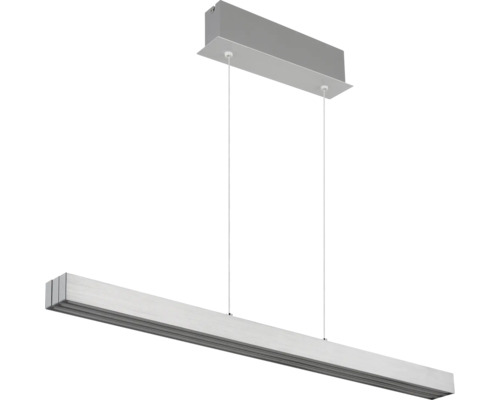 Moderne lineare LED-Pendelleuchte aus Metall mit rechteckigem Deckenbaldachin und zwei dünnen Drahtseilaufhängungen.