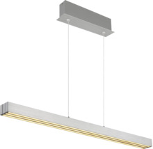 Moderne, lineare LED-Pendelleuchte aus gebürstetem Metall mit rechteckigem Baldachin und drei warmweißen LED-Streifen.