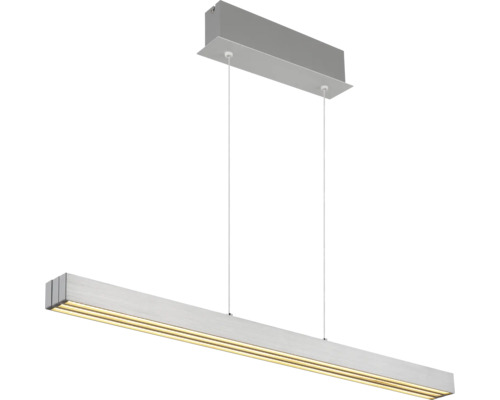 Moderne, lineare LED-Pendelleuchte aus gebürstetem Metall mit rechteckigem Baldachin und drei warmweißen LED-Streifen.