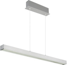 Moderne lineare LED-Pendelleuchte aus Metall mit rechteckigem Baldachin und dünnen Drahtseilen zur Aufhängung.