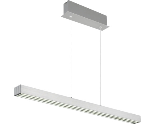 Moderne lineare LED-Pendelleuchte aus Metall mit rechteckigem Baldachin und dünnen Drahtseilen zur Aufhängung.