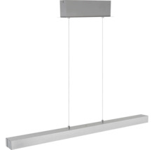 Moderne Pendelleuchte in länglicher Balkenform aus gebürstetem Metall mit Deckenhalterung und zwei dünnen Seilabhängungen.