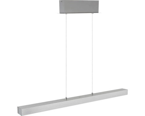 Moderne Pendelleuchte in länglicher Balkenform aus gebürstetem Metall mit Deckenhalterung und zwei dünnen Seilabhängungen.