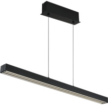 Schwarze LED-Pendelleuchte in länglicher Balkenform mit Deckenbaldachin.