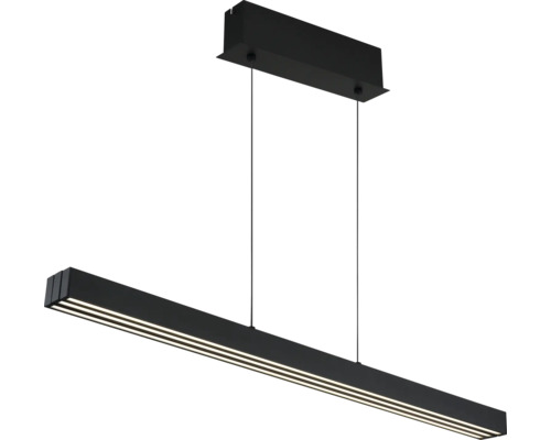 Schwarze LED-Pendelleuchte in länglicher Balkenform mit Deckenbaldachin.