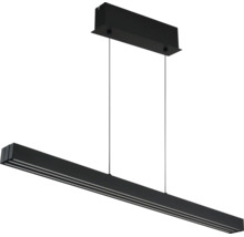Schwarze, lineare LED-Pendelleuchte mit rechteckiger Deckenhalterung und schmalem Leuchtkörper.