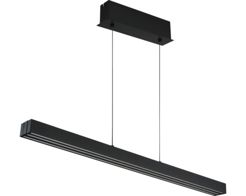 Schwarze, lineare LED-Pendelleuchte mit rechteckiger Deckenhalterung und schmalem Leuchtkörper.