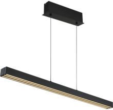 Moderne, lineare LED-Pendelleuchte in Schwarz mit dreifacher Lichtleiste und rechteckiger Deckenhalterung.
