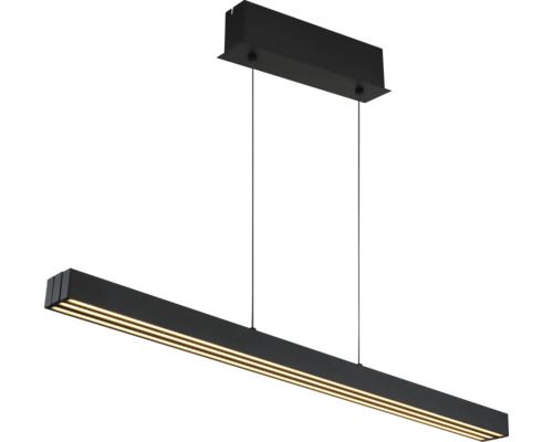 Moderne, lineare LED-Pendelleuchte in Schwarz mit dreifacher Lichtleiste und rechteckiger Deckenhalterung.