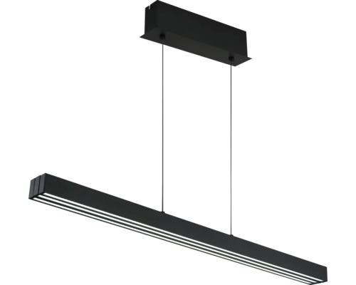Moderne, lineare LED-Pendelleuchte in Schwarz mit rechteckigem Deckenbaldachin.