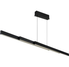 Moderne lineare LED-Pendelleuchte in Schwarz mit rechteckigem Baldachin und schmalen Lichtleisten.