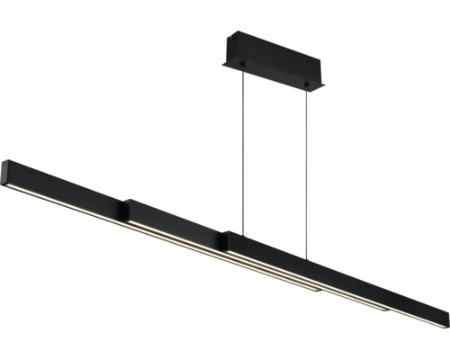 Moderne lineare LED-Pendelleuchte in Schwarz mit rechteckigem Baldachin und schmalen Lichtleisten.