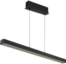 Schwarze, lineare Pendelleuchte aus Metall mit drei integrierten Lichtstreifen und rechteckigem Baldachin.