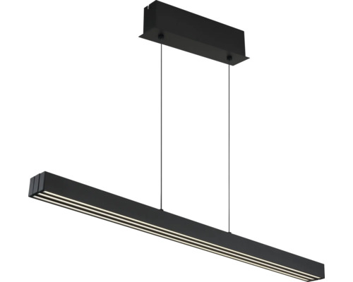 Schwarze, lineare Pendelleuchte aus Metall mit drei integrierten Lichtstreifen und rechteckigem Baldachin.