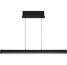 Schwarze, längliche LED-Pendelleuchte mit rechteckiger Deckenhalterung und zwei dünnen Drahtseilen.