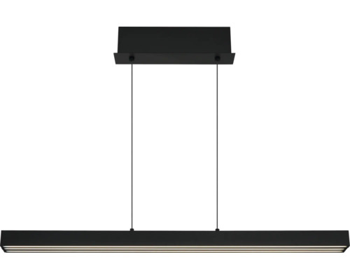 Schwarze, längliche LED-Pendelleuchte mit rechteckiger Deckenhalterung und zwei dünnen Drahtseilen.