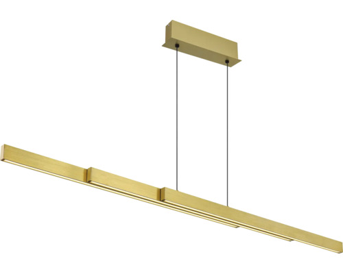 Moderne LED-Pendelleuchte in Gold mit langem, versetztem Stab-Design und rechteckiger Deckenbefestigung.