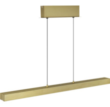 Moderne, lineare LED-Pendelleuchte in matter Goldoptik mit rechteckigem Baldachin und schmalem Leuchtbalken.