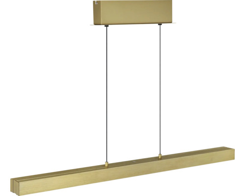 Moderne, lineare LED-Pendelleuchte in matter Goldoptik mit rechteckigem Baldachin und schmalem Leuchtbalken.